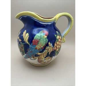 Vintage Maxcera Tropical Parrot Hand Painted Majolica-Style Water Pitcher